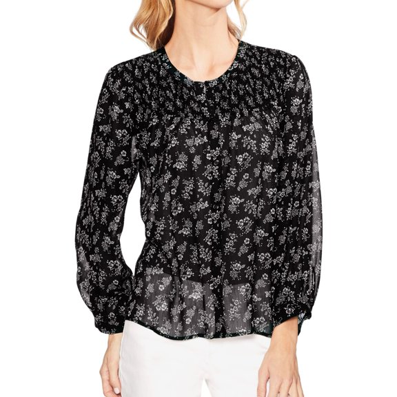 Vince Camuto Womens Smocked Yoke Button Down Blouse, Black, X-Small