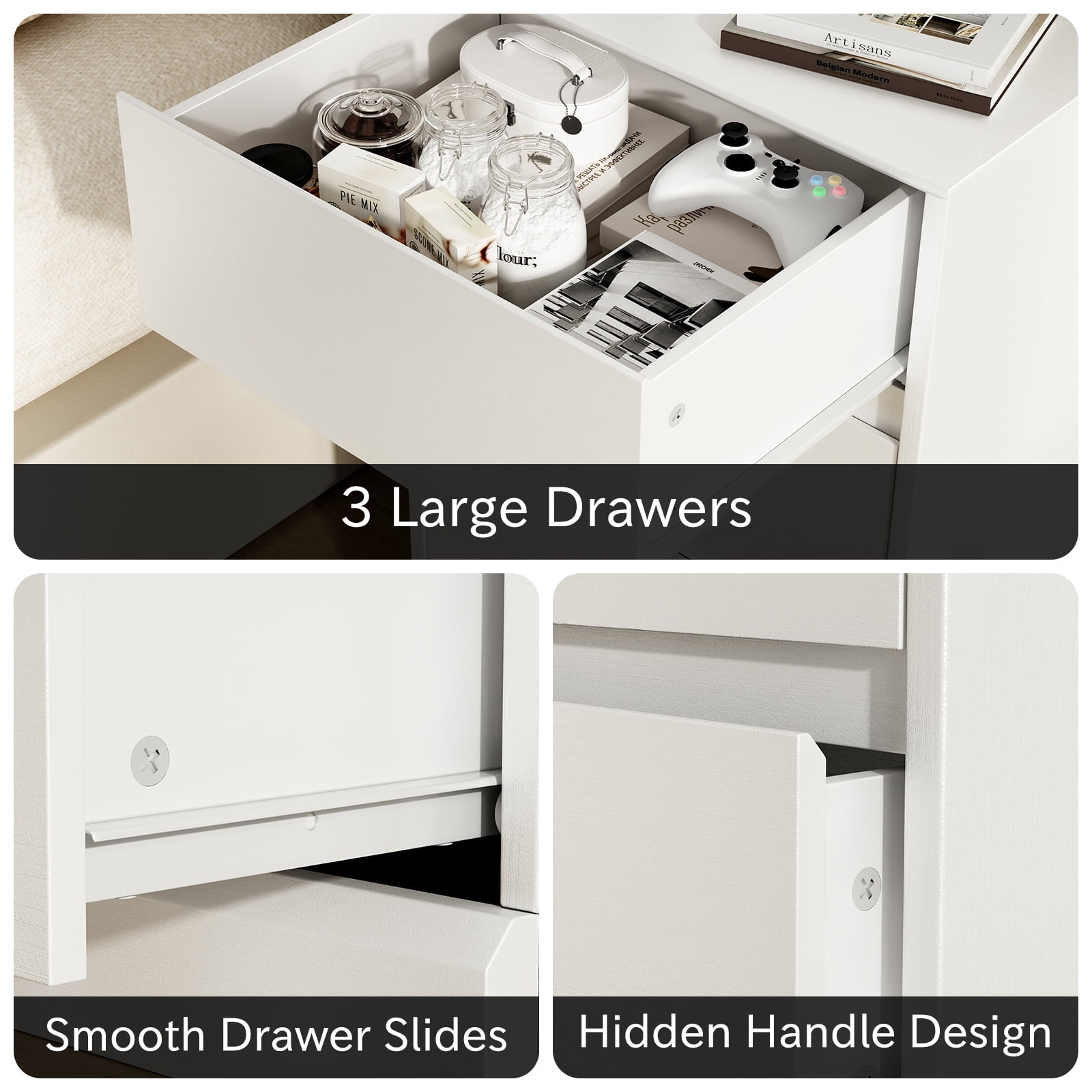 Nightstand Set of 2 with Charging Station, 3 Drawers Nightstand Modern Bedside Table End Table for Bedroom Living Room, White