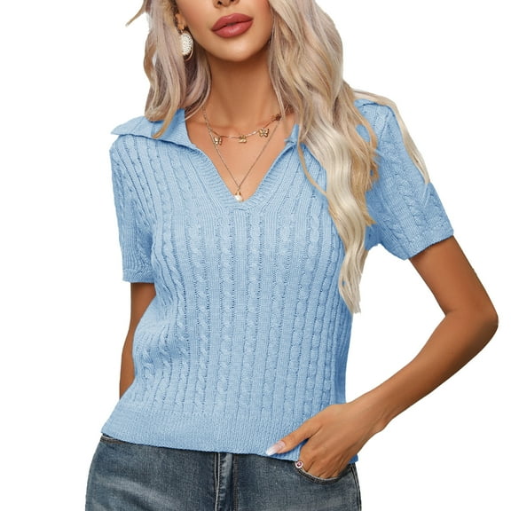 Women's Light Blue Slim Fit Cable Knit Blouse with Turn Down Collar and Short Sleeves Pullover Sweater