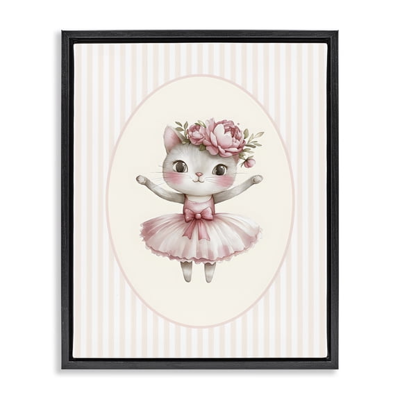 Stupell Industries Cottage Nursery Ballerina Cat Striped Black Floating Frame Canvas Art, 17 x 21, by LSR Design Studio