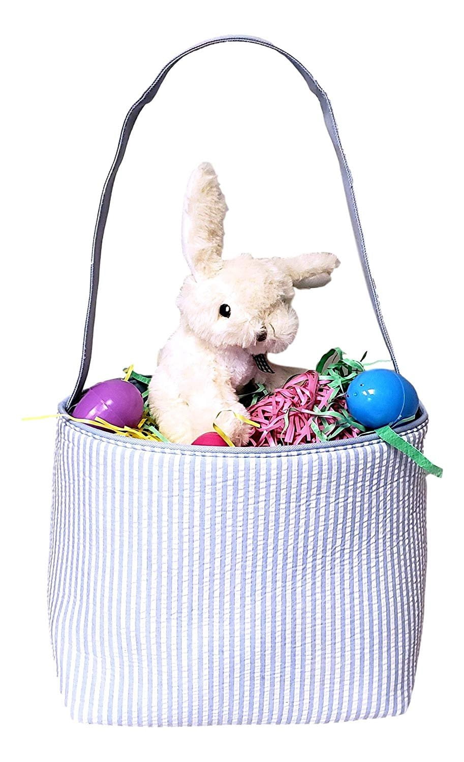 Seersucker Medium Fabric Easter Basket Bucket Tote Bag Blue - No Embroidery