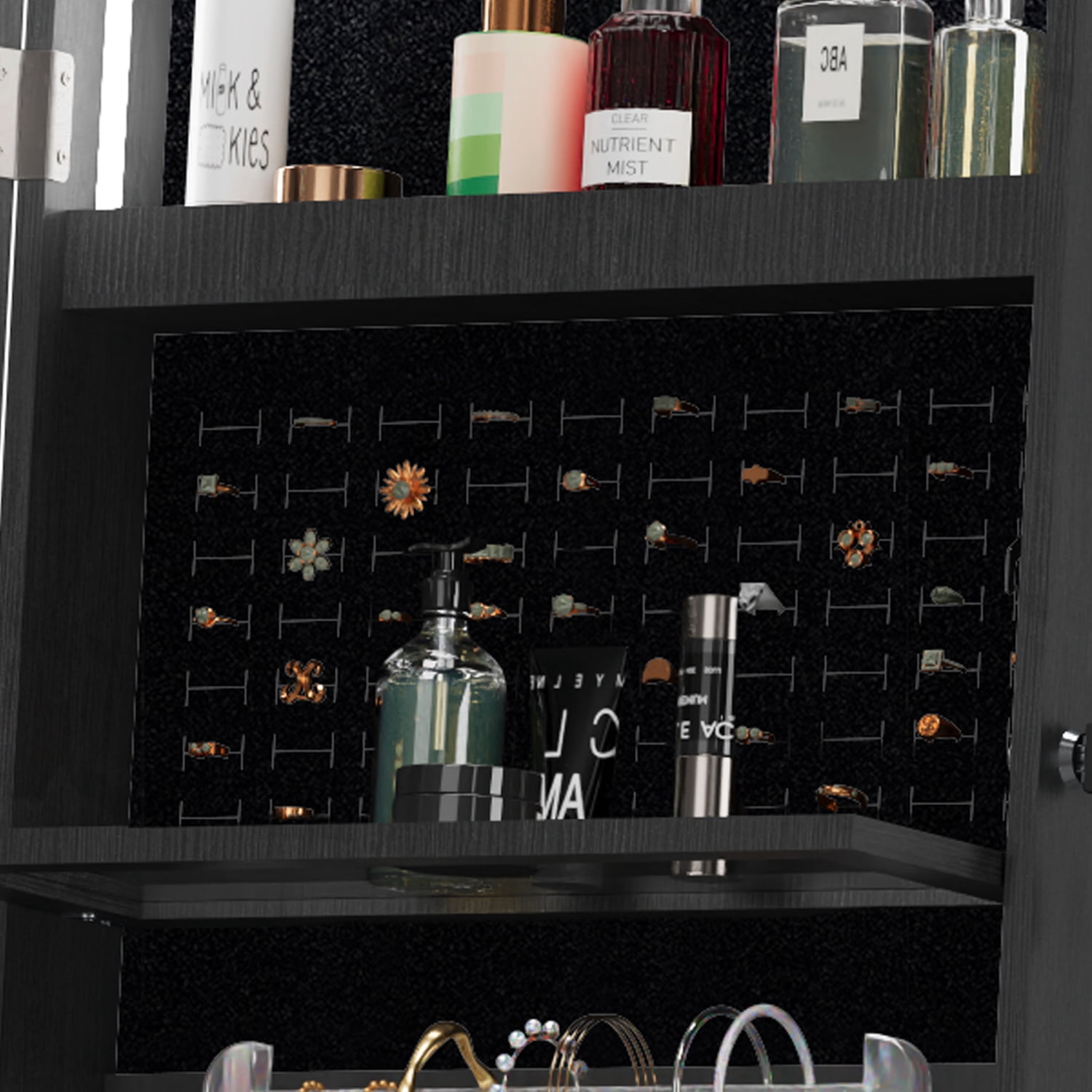 Jewelry Cabinet, Rotating Jewelry Armoire, Full Length Mirror with 360° Swivel Base, Lockable Storage, 30 Necklace Hooks, Ring Slots, Acrylic Shelf, Black for Bedroom Closet Dressing Room