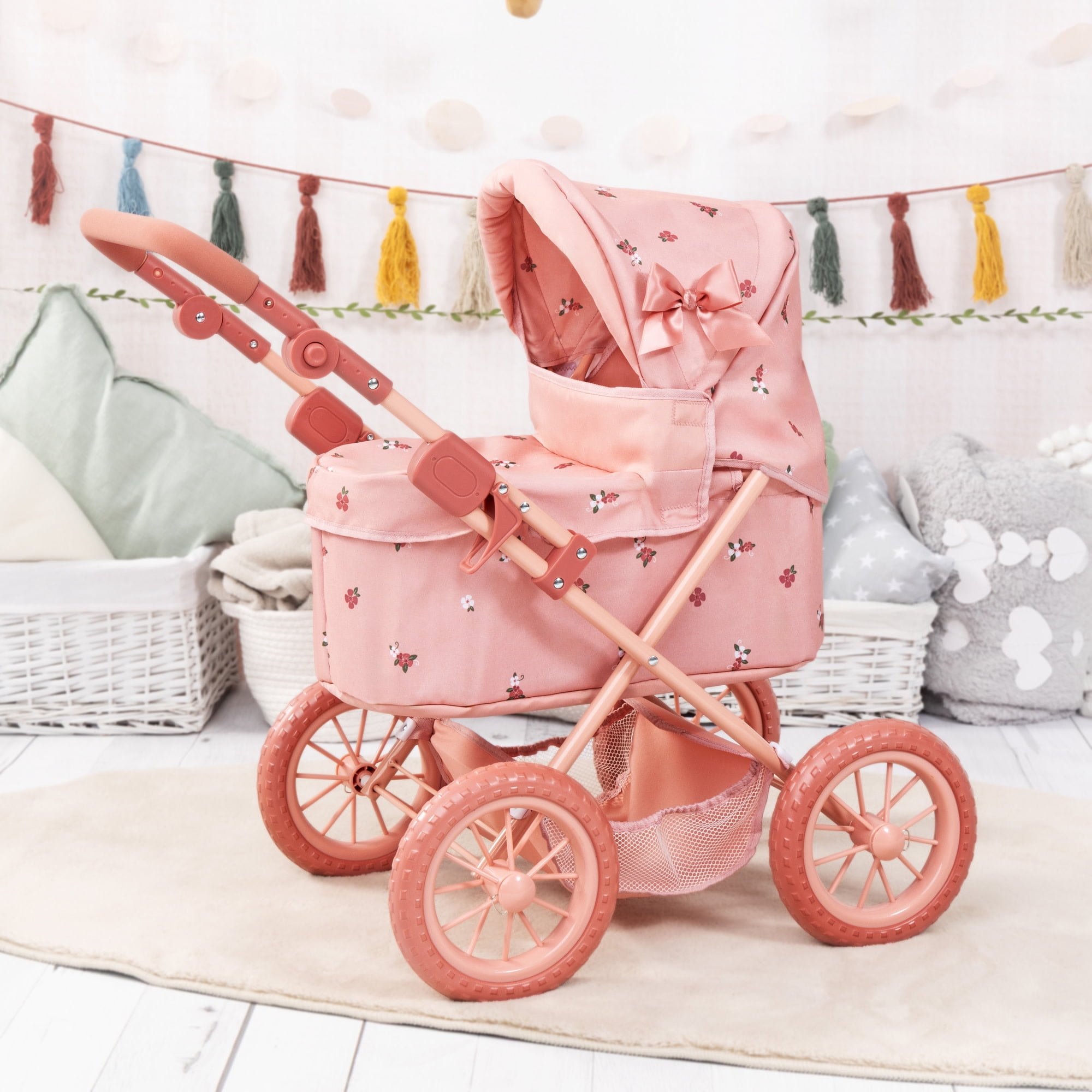 Bayer Design: Doll Pram Trendy - Pink & Flowers - Play Push Stroller, Handbag, Adjustable Handle, Foldable, Toy Care Accessory Fits 18" Dolls, Kids 3+