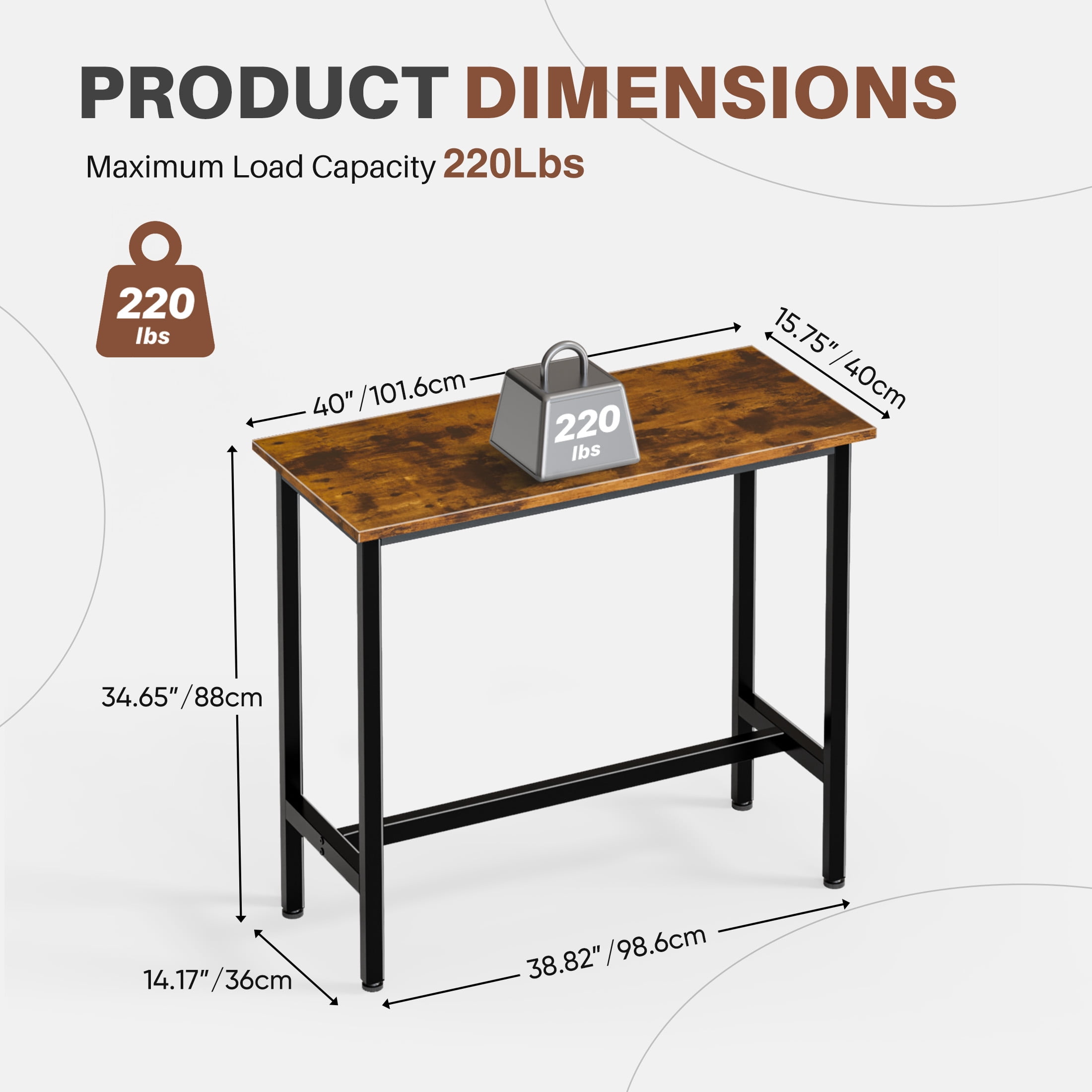 EDX 40 Inch Bar Table, Bar Height Pub Table, Counter Height Bar Table, Rectangular High Top Coffee&Dining Table, for household, Rust