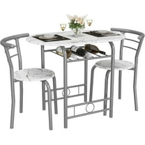 XPOPR 3-Piece Wooden Round Table & Chair Set, Space Saving Kitchen Breakfast Nook Wood Grain Tabletop with Metal Frame and Built-in Wine Rack for Kitchen, Dining Room (White/Silver)