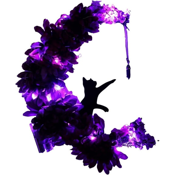 Wiher Halloween Wreaths Decor with Lights for Front Door, 13.77" Halloween Moon Wreath with Black Cat Wood Wreath Halloween Wreath Horror Decorations for Home Party Window Wall Indoor Outdoor B