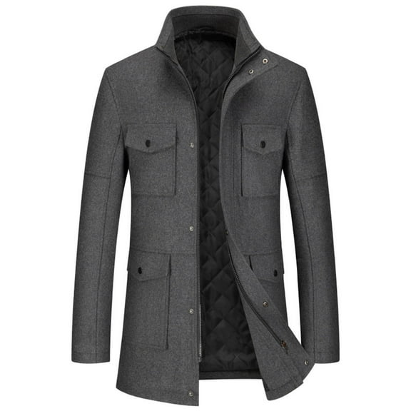 Zpanxa Men's Double Collar Wool Blend Coat Solid Color with Zipper Pockets, Long Sleeve Formal Jacket for Winter Business Casual Gray XXL