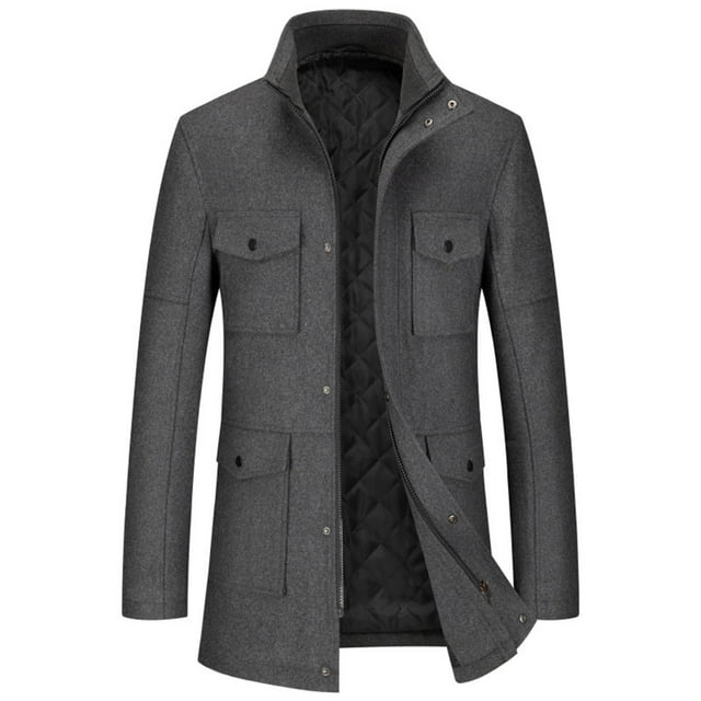Pisexur Mens Winter Jacket Men's Solid Color Pocket Zipper Long Sleeved Double-layer Collar Wool Coat Mens Winter Coat Windbreaker Jacket Warming Jacket