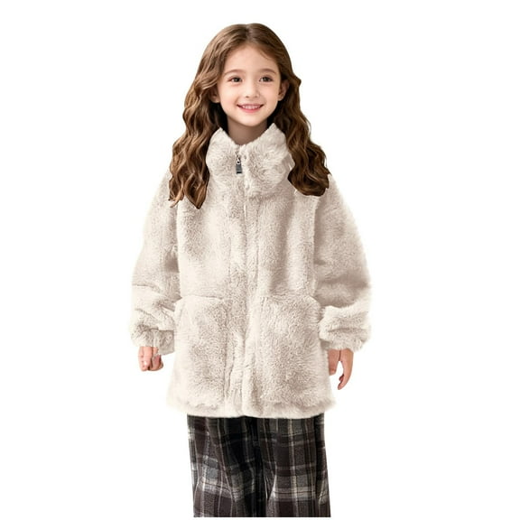 OGLCCG Girls Winter Faux Fur Coats Warm Long Sleeve Full Zipper Furry Sherpa Jackets Soft Outdoor Windproof Thermal Outerwear with Pockets 5-14 Years