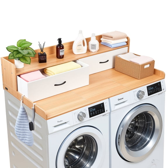 VEVOR Washer Dryer Countertop with Shelf, 54 x 27.5 in Wooden Washer and Dryer Topper with 2 Drawers & 2 Hooks, Laundry Machine Topper for Laundry Closet Pantry Counter Organization and Storage