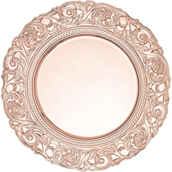 Simply Elegant Baroque with Filigree Plastic Charger Plate | Service Plate for Parties, Dinner, Weddings, Quinceaneras and Events | 14 inch Diameter | Rose Gold- Gloss Finish | Set of 24