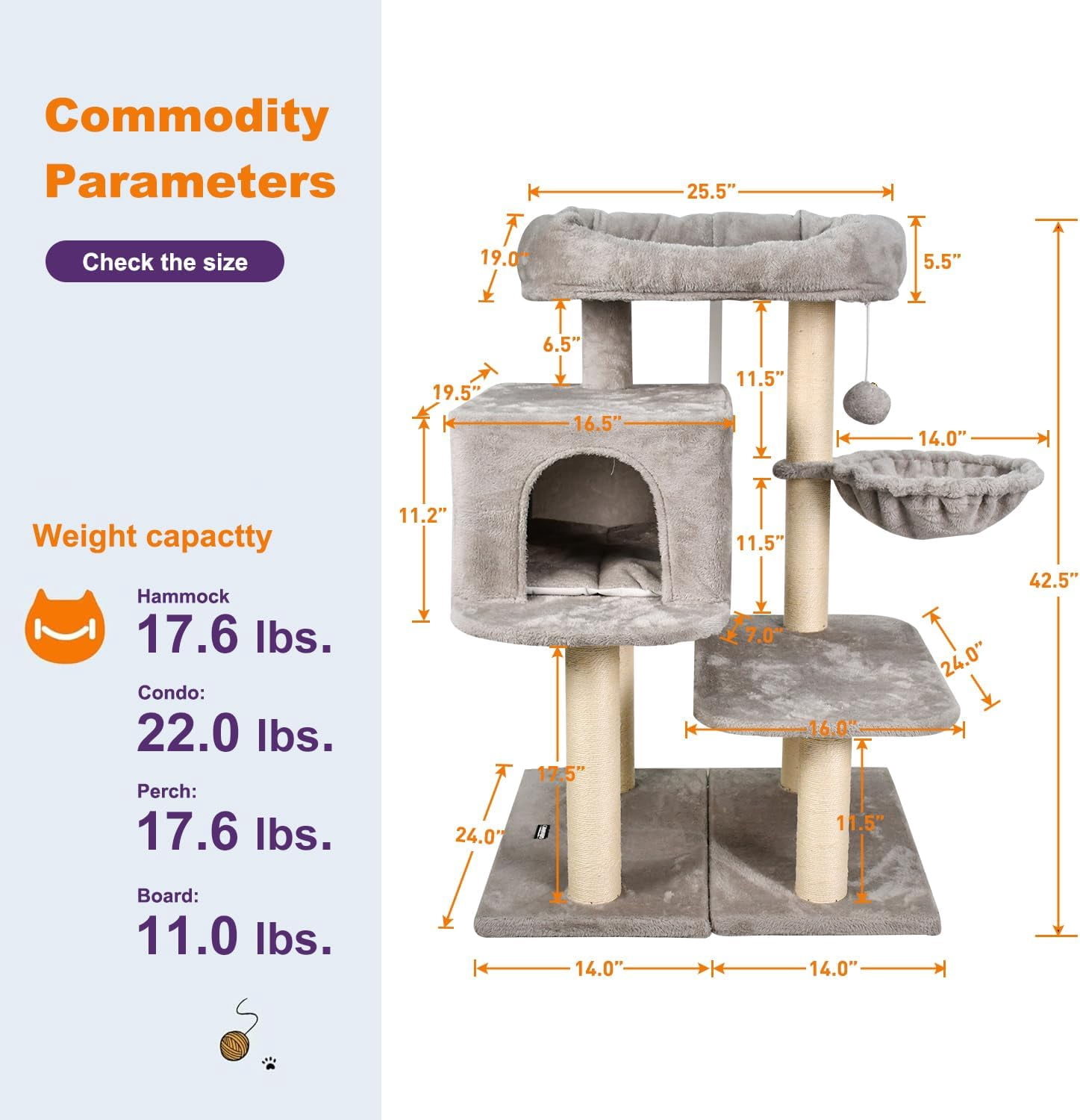 GOOPAWS 43-in Heavy-Duty Cat Tree for Large Cats, Multi-Level Tower with Sisal Scratching Posts, Plush Perch, Hammock & Condo Anti-Tip Design