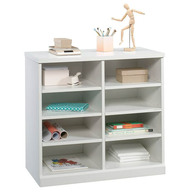 Open Storage Cabinet In White Finish, Adjustable Cabinet Shelving Hardware