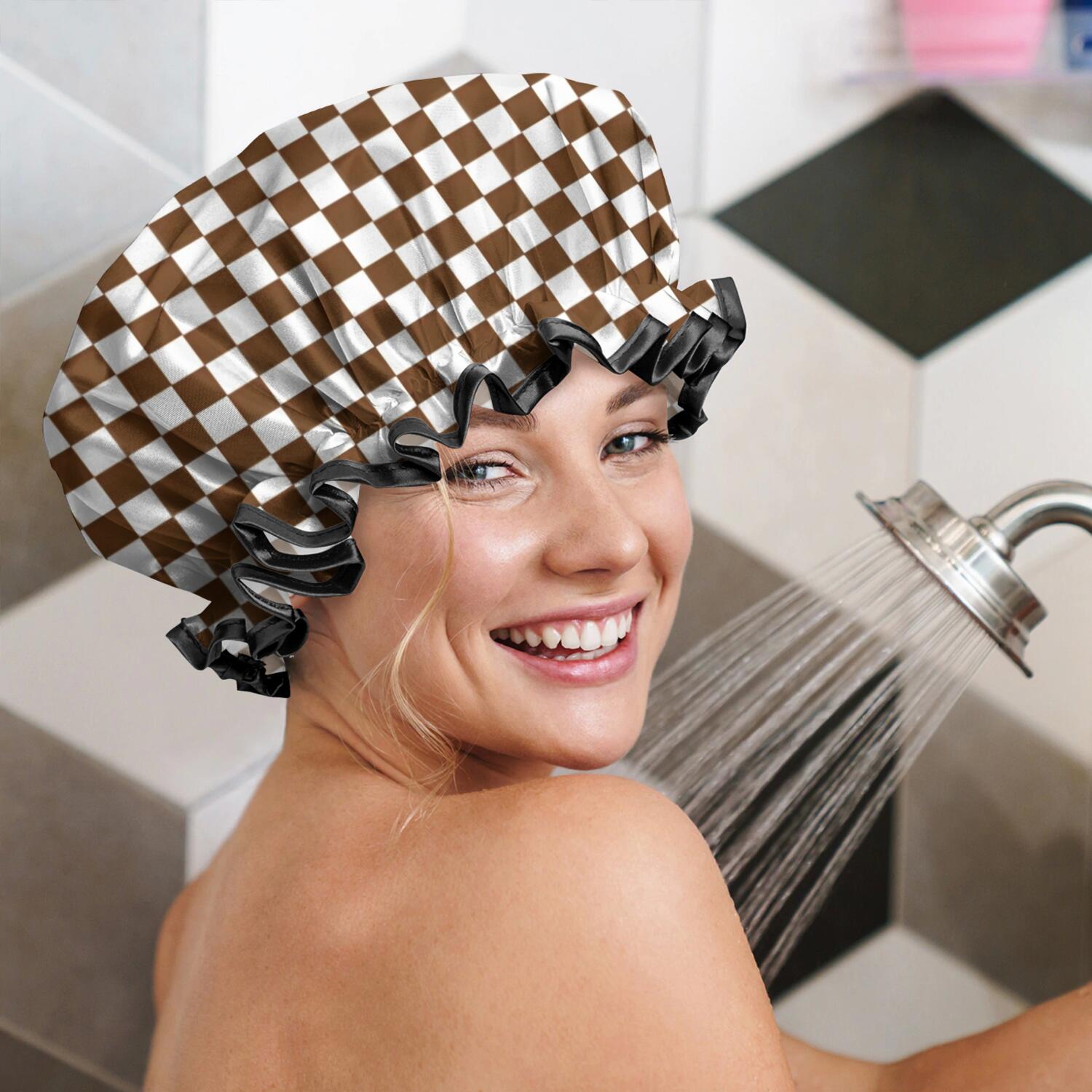 Shower Caps,Brown and White Checkerboard Pattern Waterproof Shower Cap for Women 4 Pieces,Double Reusable Hair Cover for Shower PEVA Elastic Stretch Hem