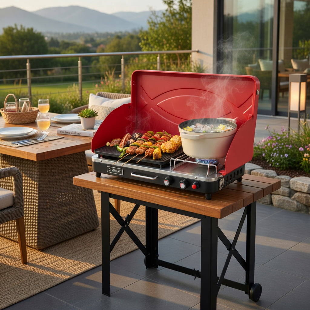 Resenkos Outdoor Barbecues Grill,2-in-1 Gas Camping Grill and Stove with 4 Detachable Legs-Red