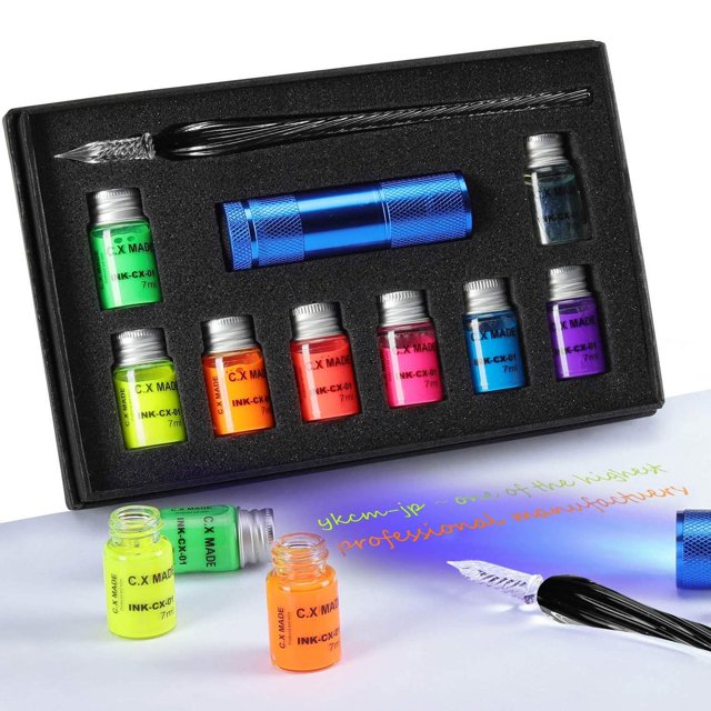 Essshop Stylo Trempé pour Calligraphie en Verre et Ensemble de 7 Encres Colorées avec Kit de Stylo à Encre Fluorescente et Invisible pour Écrire, Signer, Dessiner, Calligraphie, Décoration, Cadeaux de la Saint-Valentin pour Enfants