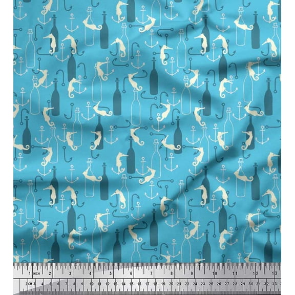 Soimoi Cotton Duck Fabric Bottle,Anchor Hook & Sea Horse Ocean Fabric Prints by Yard 42 Inch Wide