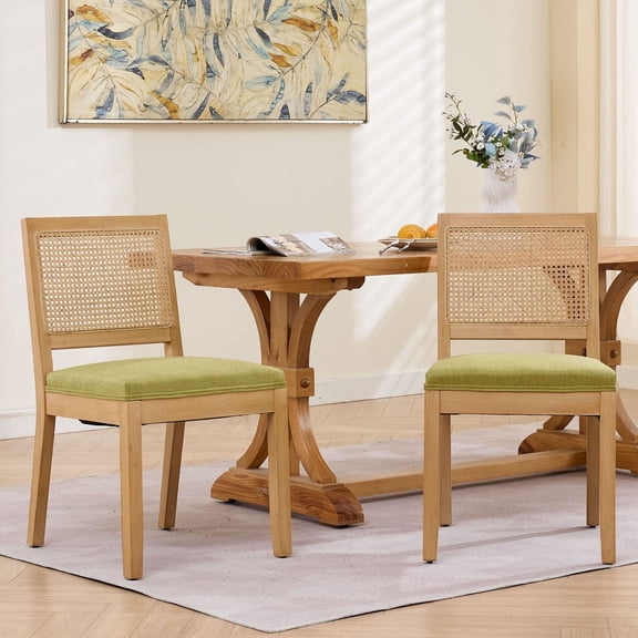 S-HOME Mid Century Modern Farmhouse Rattan Dining Chairs Set of 2 with Cane Upholstered Seats Natural Hardwood Frame, Olive Green