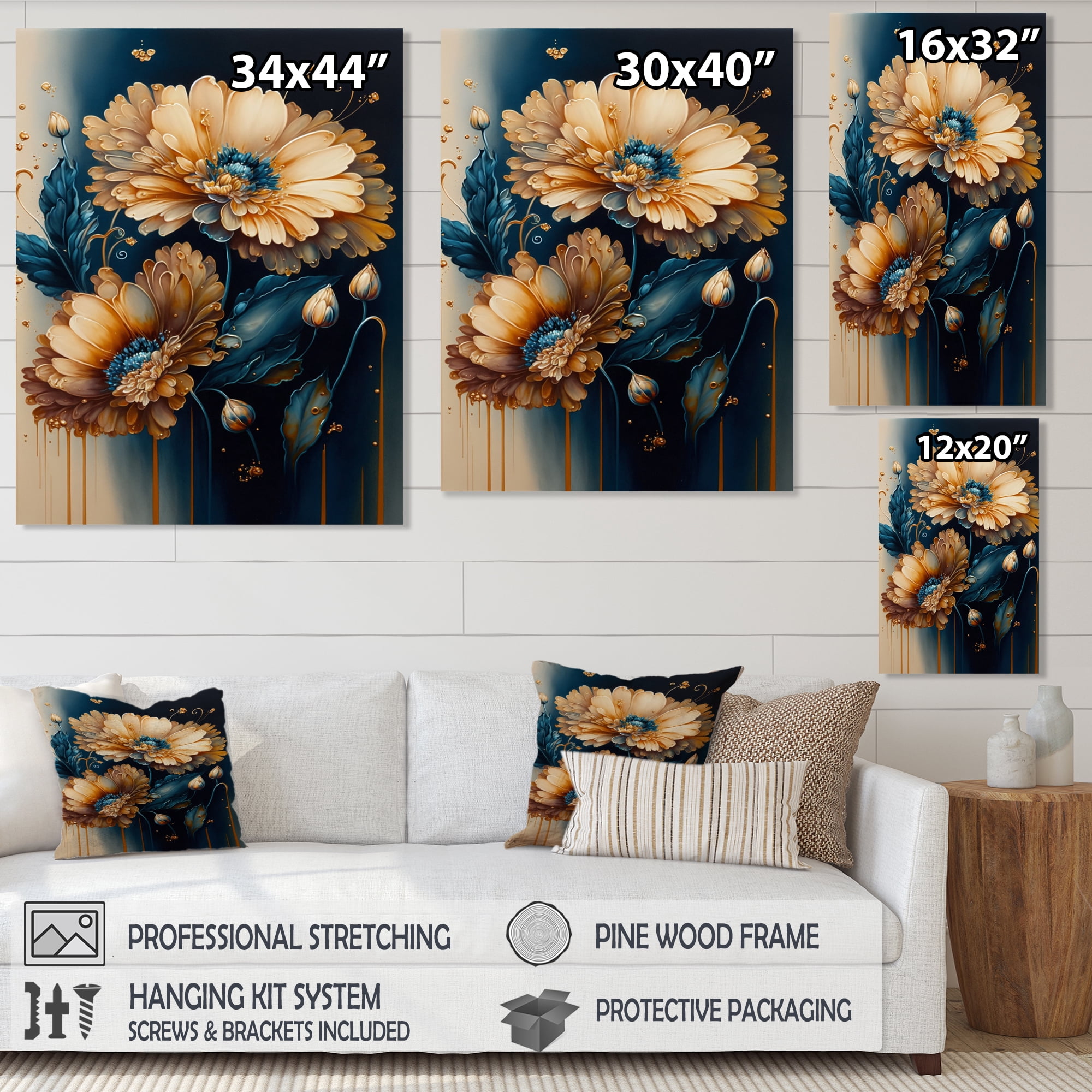 Designart Light Orange And Dark Blue Daisy II Canvas Wall Art