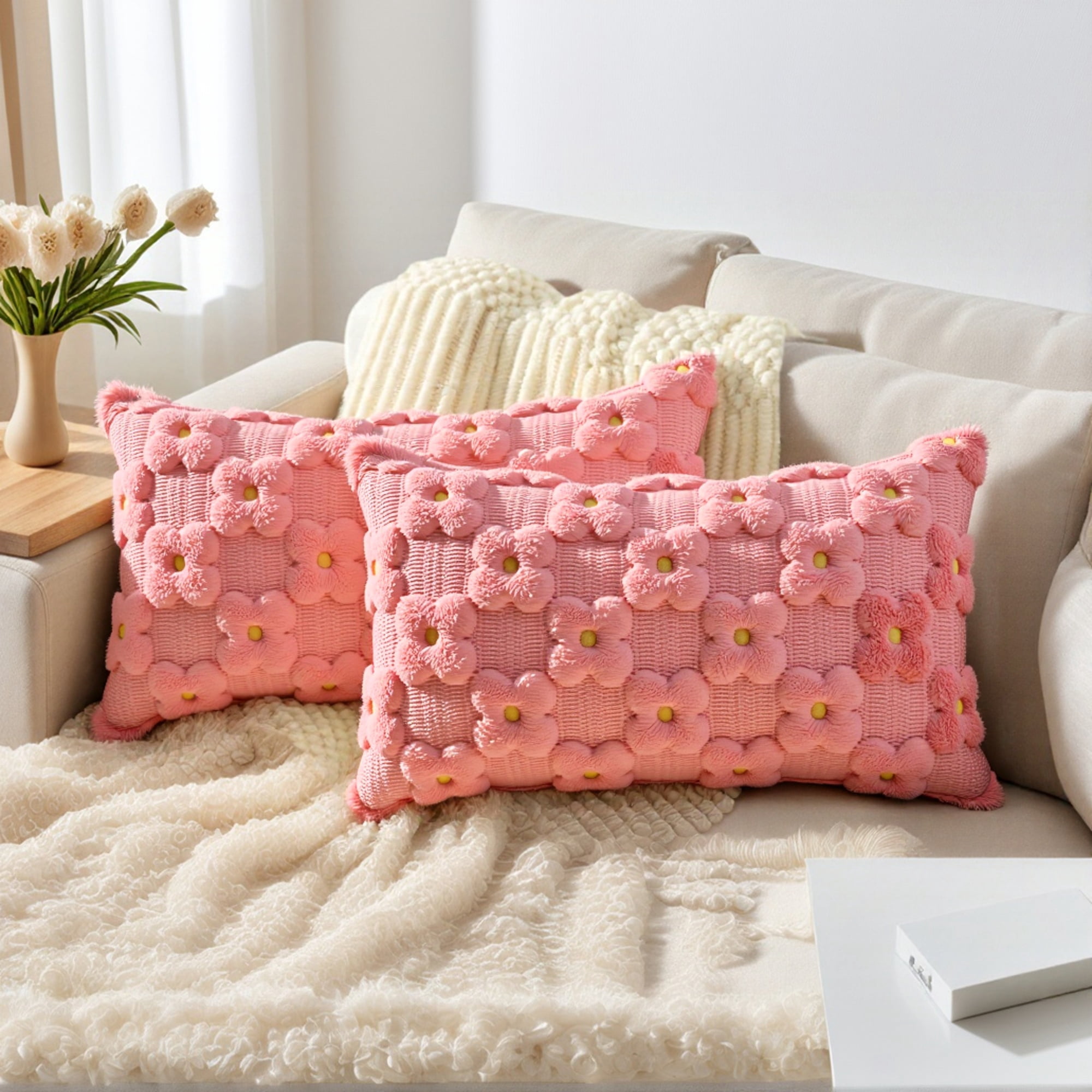 Unique Bargains Cute Daisy Embroidery Pillow Covers Pack of 2 Coral Red 20" x 12"