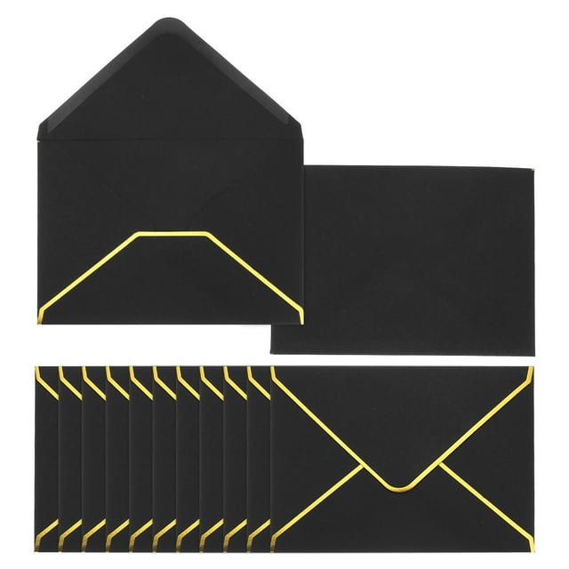 Uxcell 60 Pack A7 Envelopes, 5x7 Card V Flap Envelope Round Edge Valentine Envelopes with Gold Border for Office Wedding Card Invitations Graduation Party Gift, Black