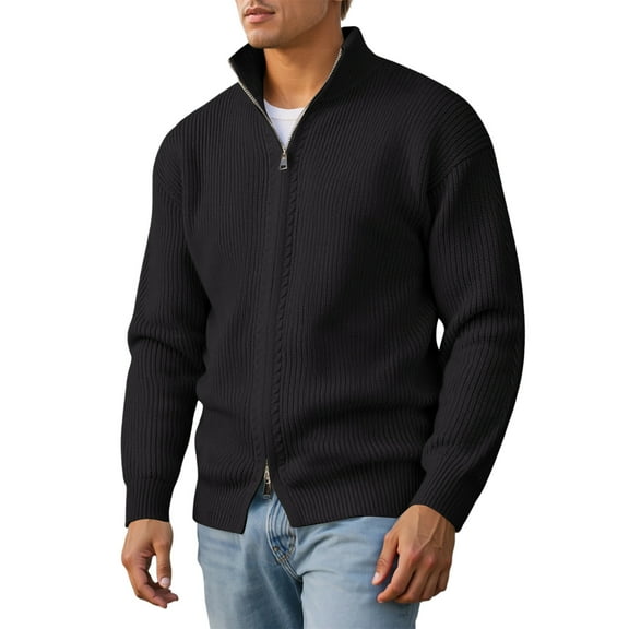 DHFJKG Men's Zip Up Knitted Jacket Cardigan Sweater Slim Fit Two-Way Zipper Stand Collar Long Sleeve Solid Color Sweater Coat Autumn Winter Leisure Outerwear