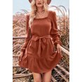 thumbnail image 5 of Solid Color Square Neck Tie Waist Long Sleeve Dress for Women Rustic Red Small, 5 of 5