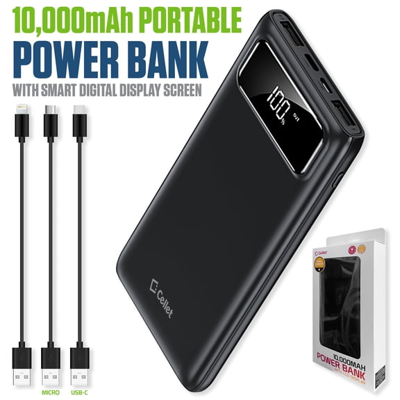 Cellet 10000mAh Portable Power Bank with Digital Display and 3 Charging Cables