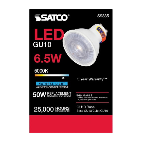 (6-Pack) Satco S9385 6.5MR16/LED/40'/50K/120V/GU10 6.5W 5000K MR16 120V GU10 Dimmable LED Lamp6