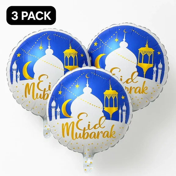 Eid Mubarak Party Balloons 3-Pack Blue Gold Foil Eid Celebration Balloons