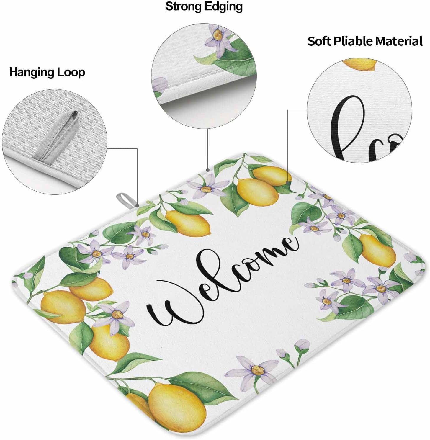 Summer Lemon Dish Drying Mat for Kitchen Counter, Yellow Green Botanical Rustic Welcome Baby Bottle Microfiber Drying Pad, Absorbent Coffee Cup Dishes Drainer Mats 18"x24", 2 Pcs