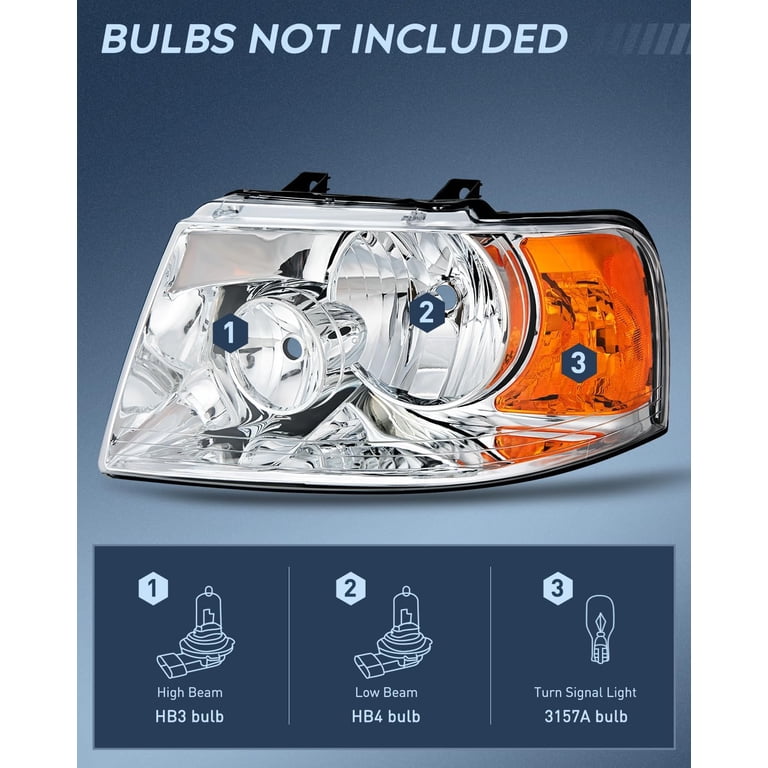 Passenger Side Headlight Assembly For 2003-2006 Ford Expedition - Halogen, Chrome, W/ Bulbs