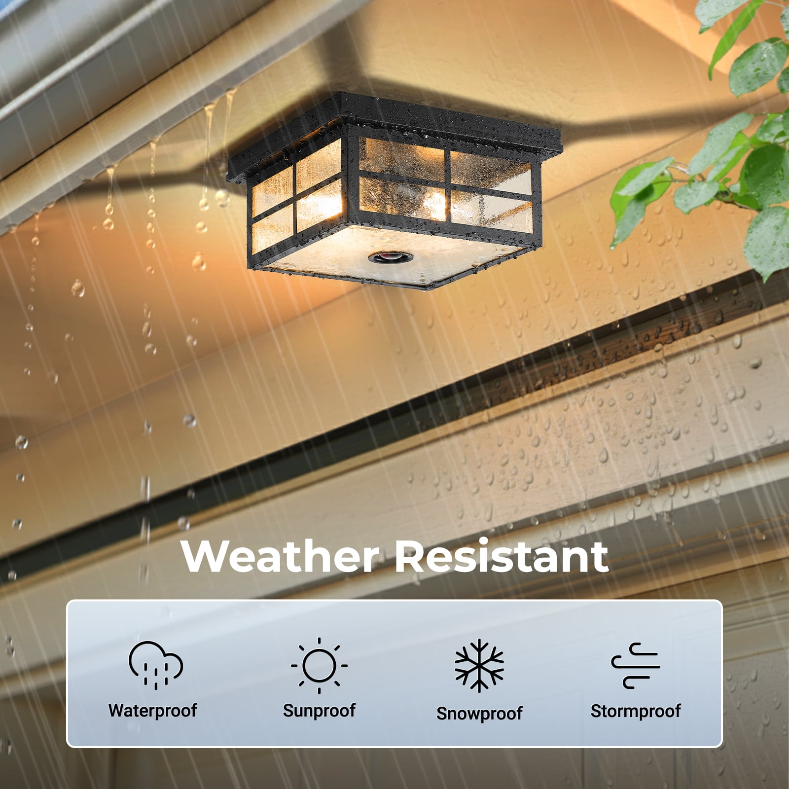 VIANIS Motion Sensor Outdoor Ceiling Light with Remote Control, 2-Light Black Modern Outdoor Flush Mount Light for Garage, Porch, Entryway, Square