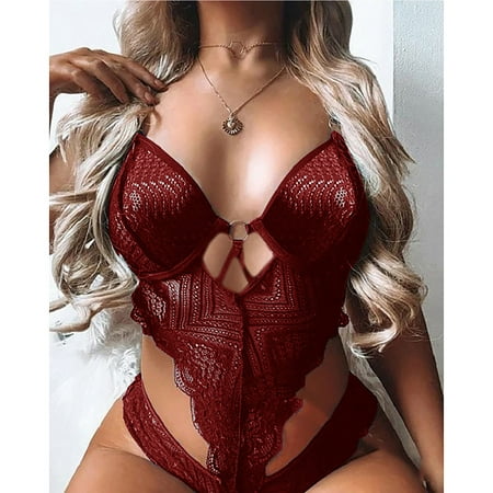 

Hanas Fashion Lingerie Ladies Sexy Solid Color Lace Mesh Hollow Ring Strap One-piece Sexy Lingerie Honeymoon