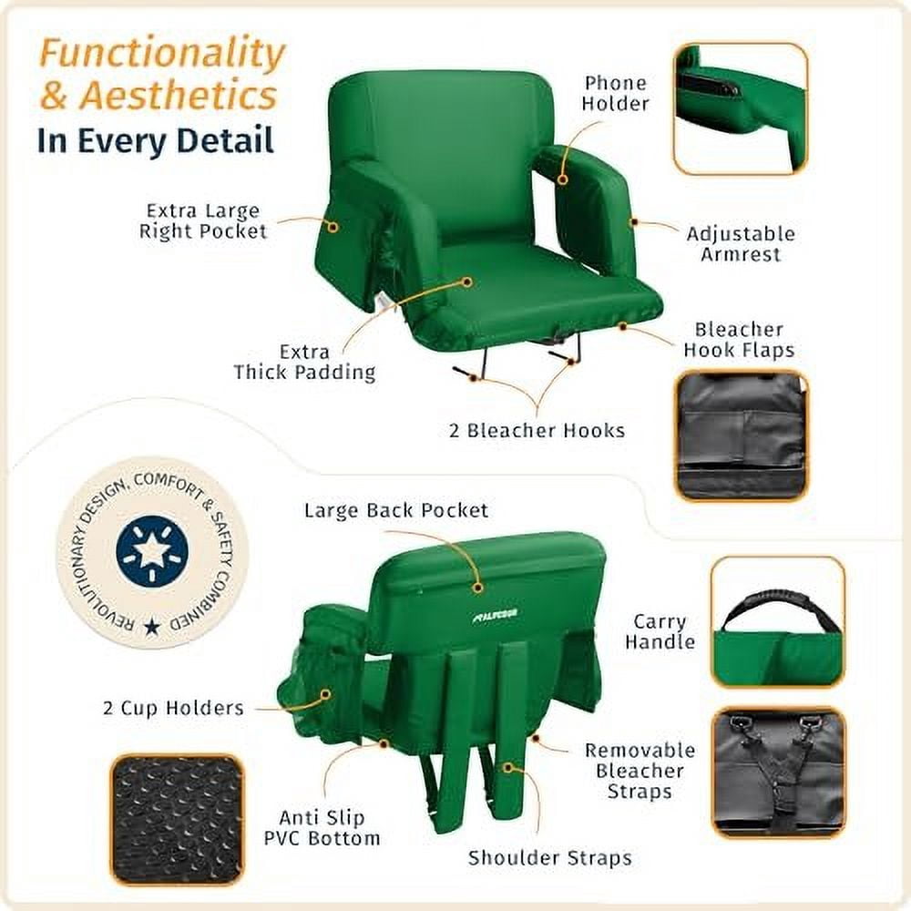 Reclining Stadium Seats for Bleachers with Back Support  Wide Bleacher Chair Cushion, Armrests, Large Pockets, and Multiple Safety Features  Best Stadium Seat Chairs for Camping, Kayak Backs & More