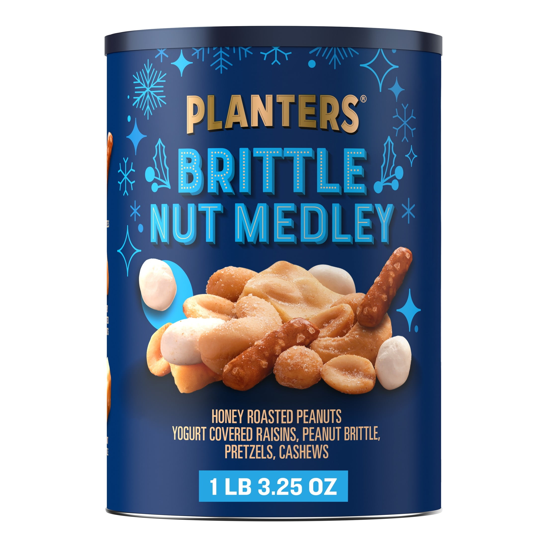 PLANTERS Winter Edition Brittle Nut Medley Trail Mix Snack with Honey Peanuts, Yogurt Raisins, Peanut Brittle, Pretzels and Cashews, Plant Based Protein, 1.20 lb. Canister