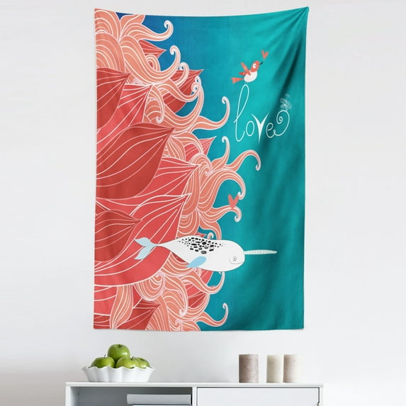 Narwhal Tapestry, Love Themed Sketch Illustration with Arctic Whale Bird and Floral Arrangement, Fabric Wall Hanging Decor for Bedroom Living Room Dorm, 5 Sizes, Teal Coral White, by Ambesonne
