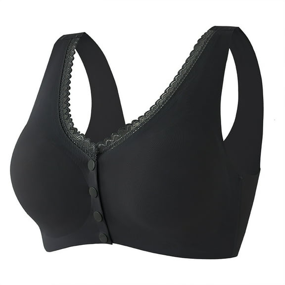 ATOYSOY Plus Size Everyday Bra Floral Lace Breathable Push Up Underwear Front Closure Button Workout Support Full Coverage Bra Girls Teens Smoothing Comfy Bra Black