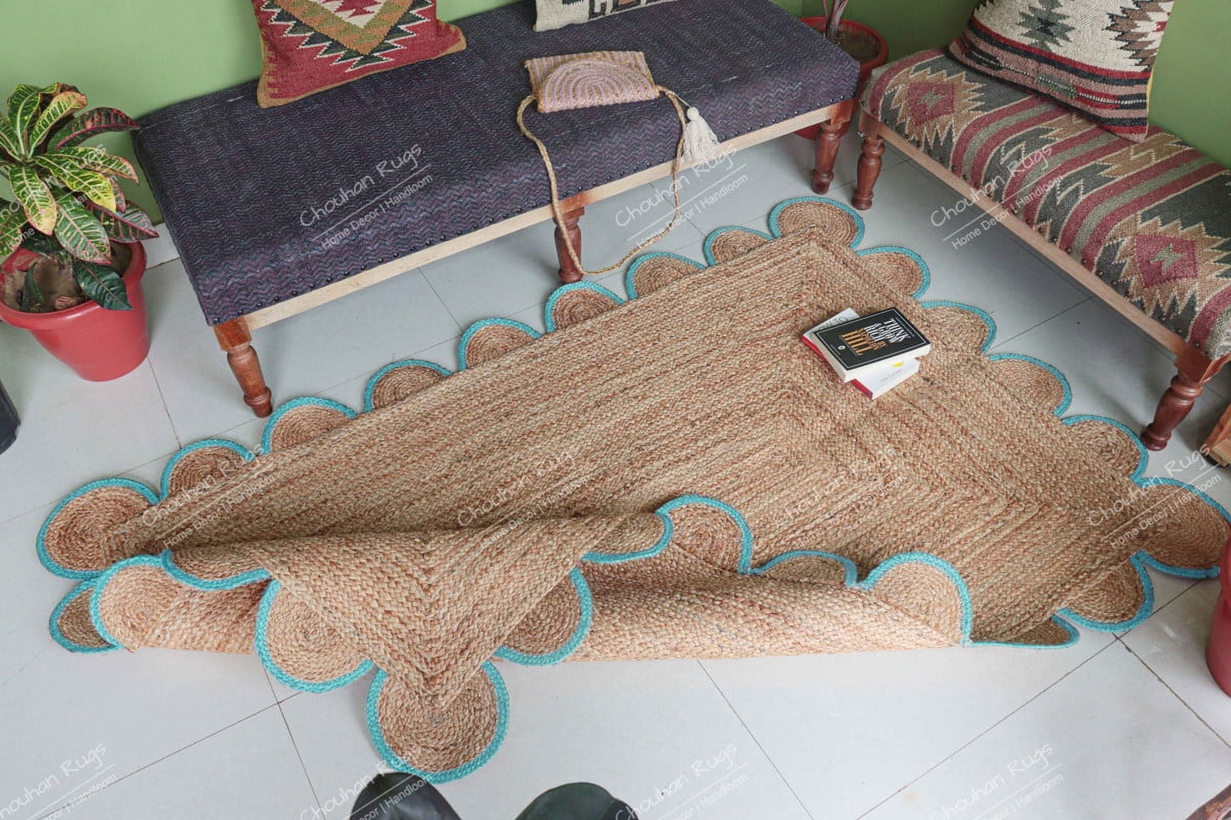 Chouhan Rugs Natural Jute Turquoise Scalloped Rug Bohemian Rug Decor Rug Handwoven Rug Custom Rug Decorative Rug