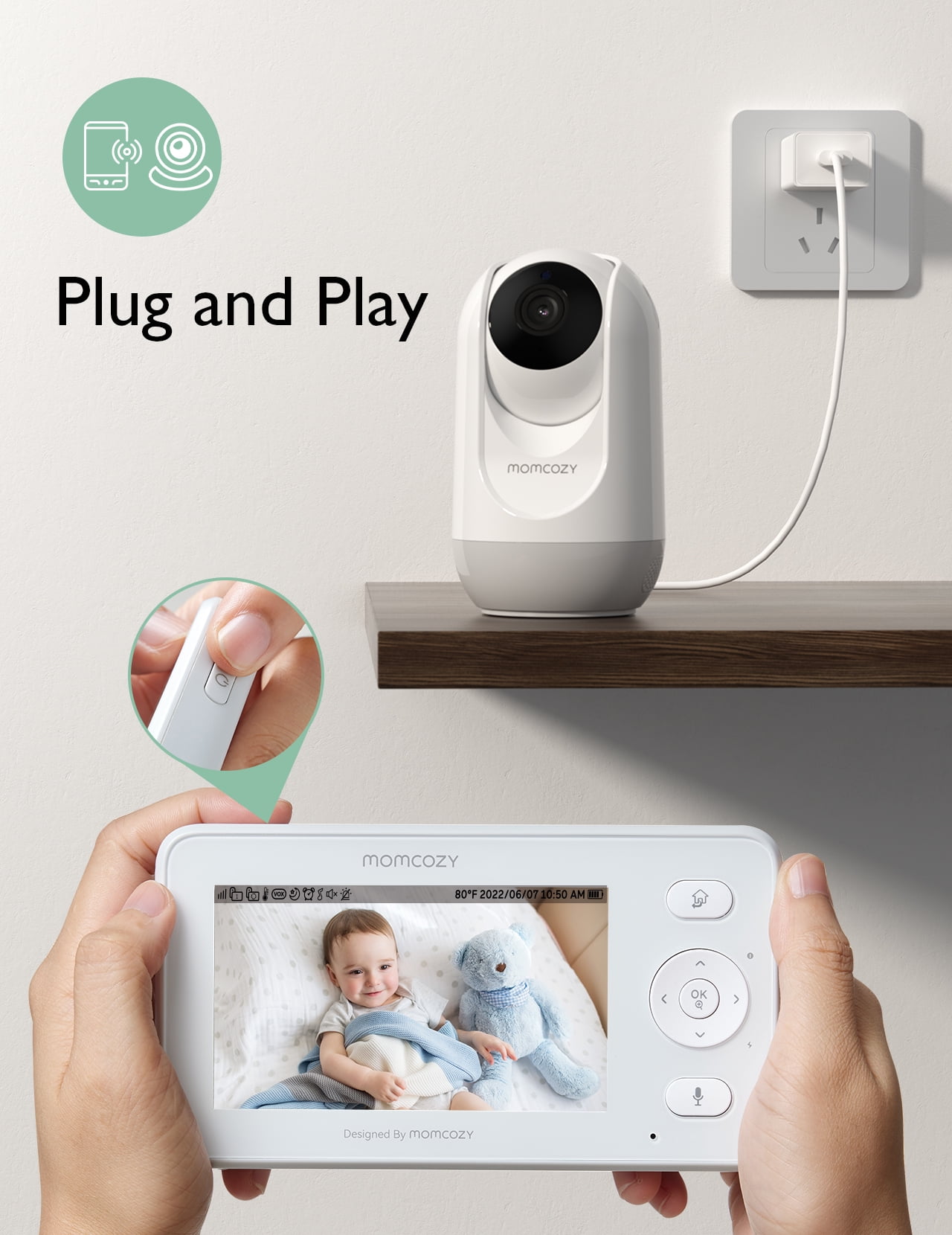 Momcozy BM02 Baby Monitor, 4.3" HD Screen, Video & Audio, Split Screen, Two-Way Talk