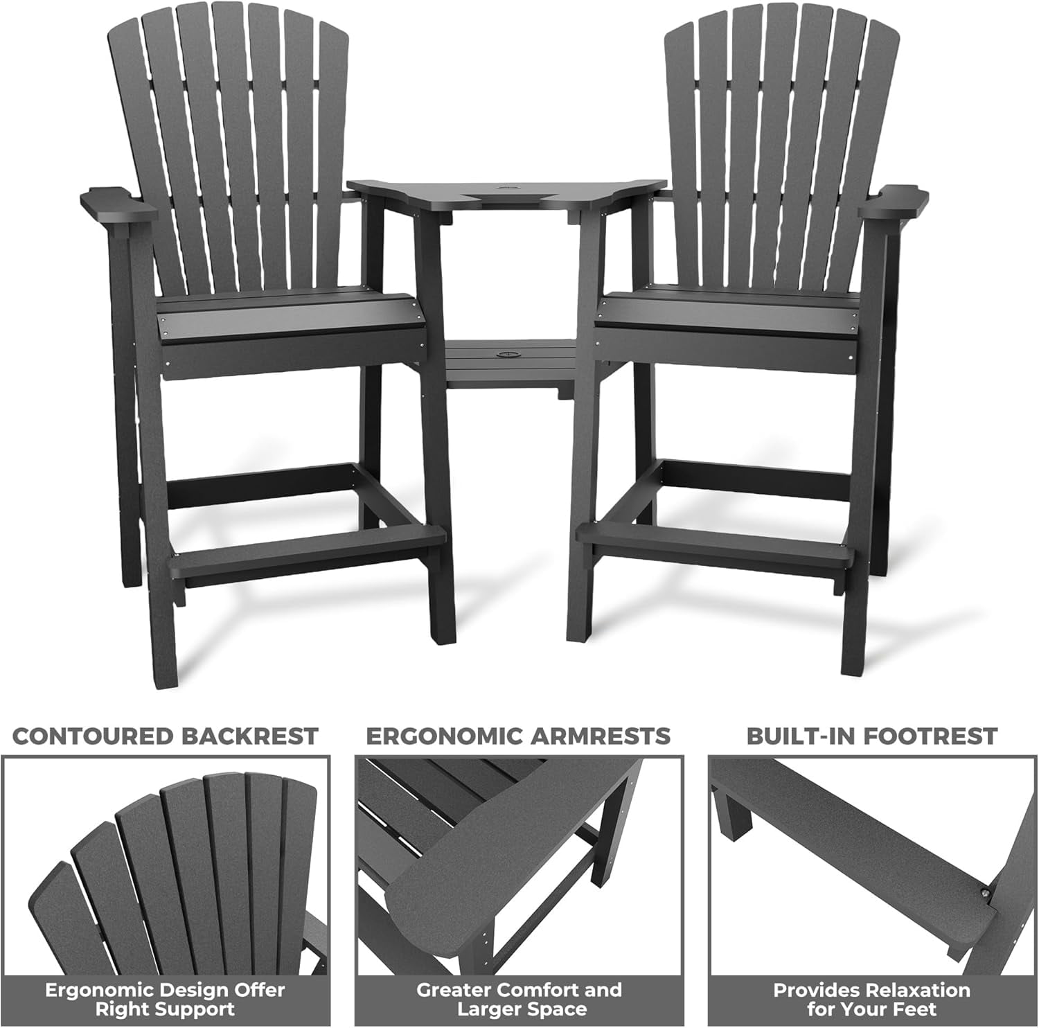 Outdoor Bar Height Adirondack Chairs with Connecting Tray,Balcony Chairs Recycled Poly Adirondack for Deck,Backyard,Outdoor Tall Adirondack Chairs Weather Resistant