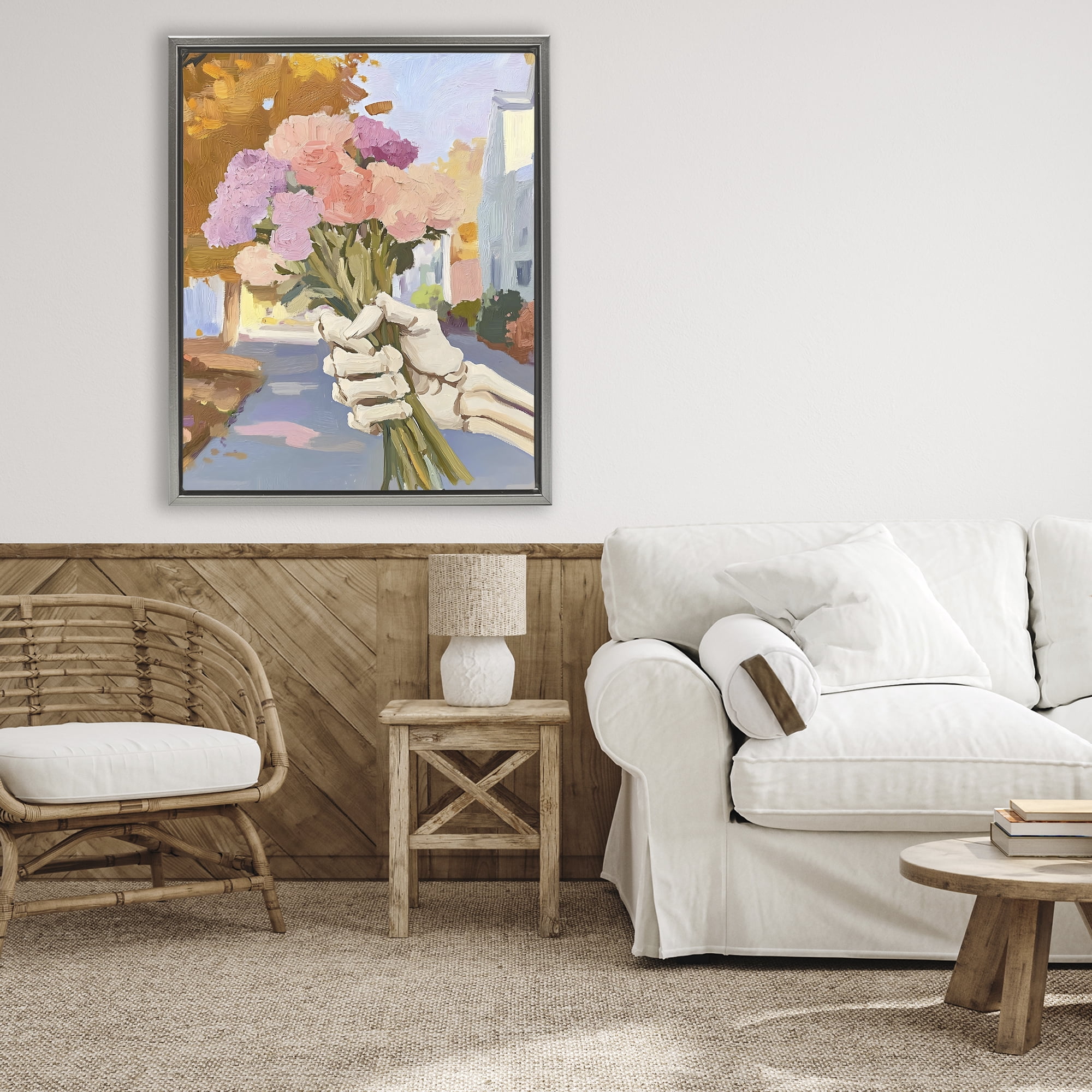 Stupell Industries Skeleton Hand Holding Flowers Gray Framed Floater Canvas Wall Art, design by The Prints Vibe