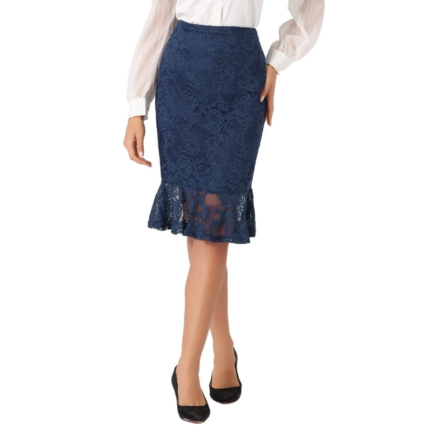 Falda de encaje de cola de sirena vintage elegante para mujer INSPIRE CHIC, falda lápiz ajustada de oficina, color azul oscuro M
