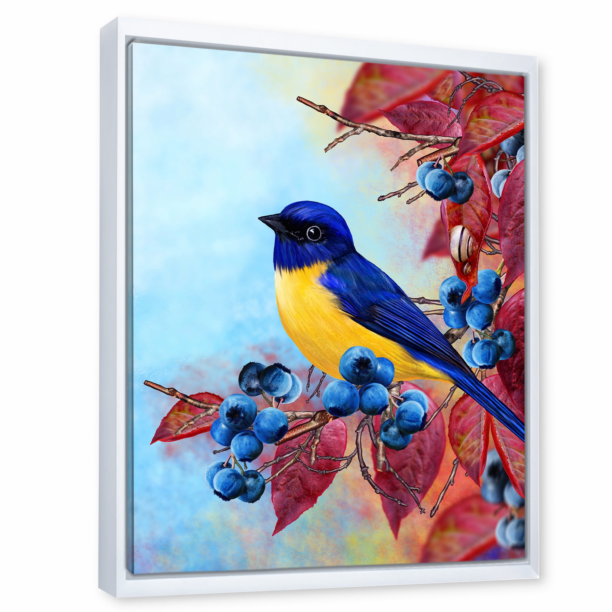 Designart 'Bright Bird Bullfinch Sitting On A Branch of Berries I' Traditional Framed Canvas Wall Art Print