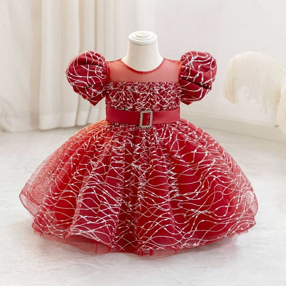 NAISIBABY Girls Flower Dress, Glitter Mesh Tutu Tulle Puff Sleeve Wedding Party Pageant Princess Dress Red 4T
