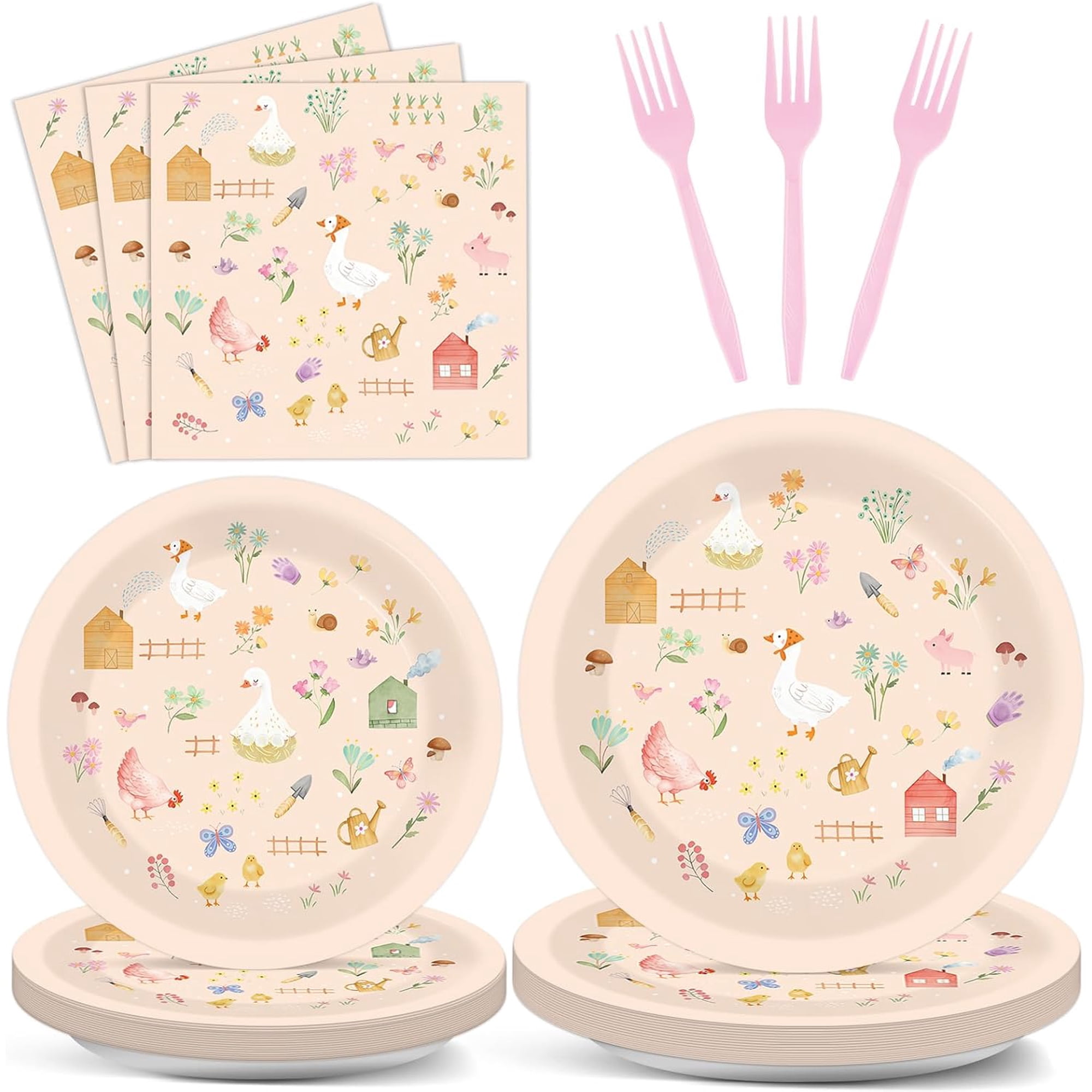 96Pcs Farm Barnyard Party Decorations Garden Tea Themed Tableware Farm Animals Flowers Plates Napkins Forks Summer Floral Dinnerware Supplies for Baby Shower Birthday Serves 24 Guests