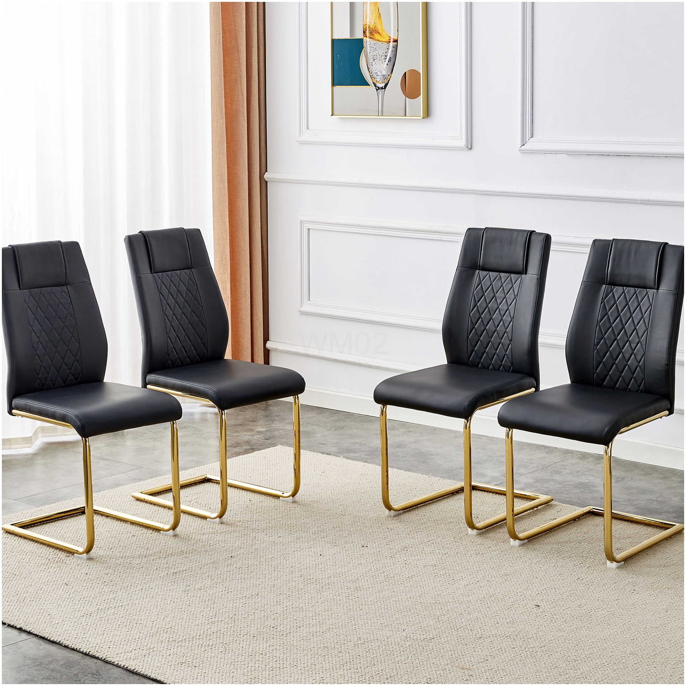 Modern Dining Chairs Set of 6, Black PU Leather Upholstered Side Chairs with Gold Metal Legs for Kitchen Dining Room
