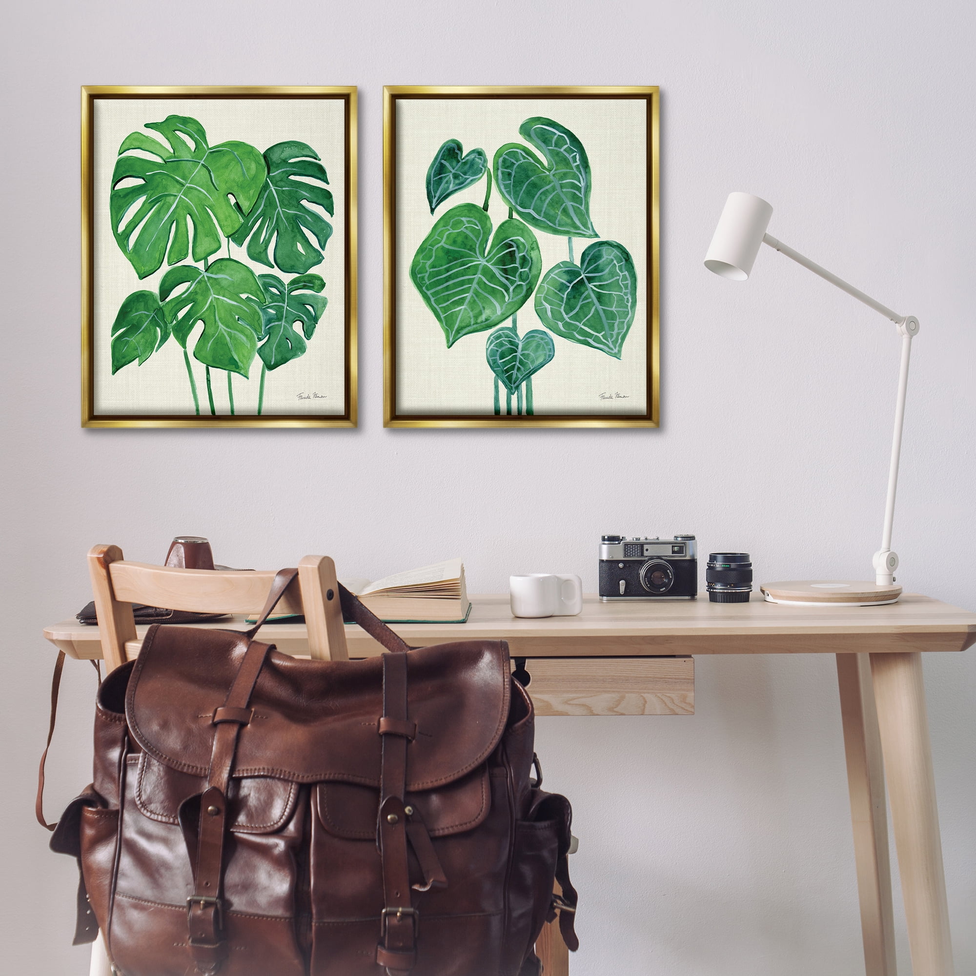 Stupell Industries Thriving Detailed Monstera Leaves Plants & Flowers Painting Gold Floater Framed Canvas Art Print Wall Art, 31 x 25, Set of 2