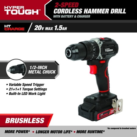 HYPER TOUGH 20V BRUSHLESS 1/2-INCH 2-SPEED CORDLESS HAMMER DRILL BATTERY & CHARGER