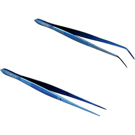 

Blue Stainless Steel Precision Kitchen Culinary Fine-Tip Tweezer Tongs 1 Curved and 1 Straight
